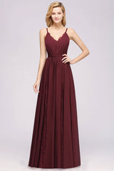 Elegant Chiffon Lace V-Neck A-line Long Bridesmaid Dress