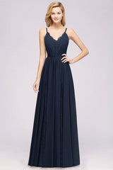 Elegant Chiffon Lace V-Neck A-line Long Bridesmaid Dress