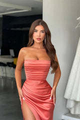 Elegant Coral Strapless Mermaid Evening Dress Mermaid Long Split With Pleats