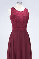 Elegant Crew Neck Lace Burgundy Bridesmaid Dresses
