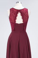 Elegant Crew Neck Lace Burgundy Bridesmaid Dresses