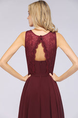 Elegant Crew Neck Lace Burgundy Bridesmaid Dresses