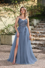 Elegant Dark Green A-Line Spaghetti Straps Prom Dresses with Split