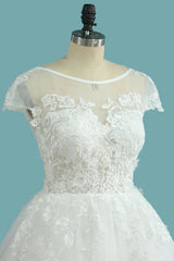 Elegant Floor-length Bateau Wedding Dress with Backless Lace and Tulle Appliques in an A-Line Silhouette
