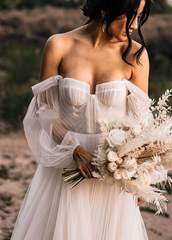 Elegant Flowy Tulle Off the Shoulder Long Sleeve Boho Wedding Bridal Gowns