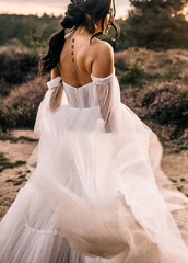 Elegant Flowy Tulle Off the Shoulder Long Sleeve Boho Wedding Bridal Gowns