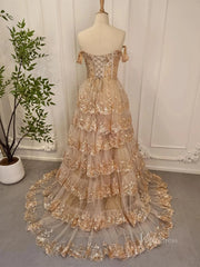 Elegant Gold Ruffle Sparkly Prom Dresses Off the Shoulder Evening Gown 80010