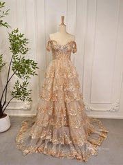 Elegant Gold Ruffle Sparkly Prom Dresses Off the Shoulder Evening Gown 80010