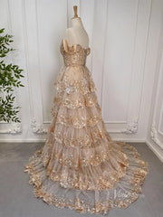 Elegant Gold Ruffle Sparkly Prom Dresses Off the Shoulder Evening Gown 80010