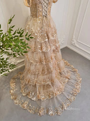 Elegant Gold Ruffle Sparkly Prom Dresses Off the Shoulder Evening Gown 80010