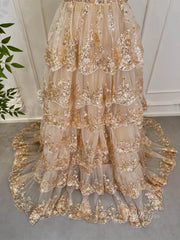 Elegant Gold Ruffle Sparkly Prom Dresses Off the Shoulder Evening Gown 80010