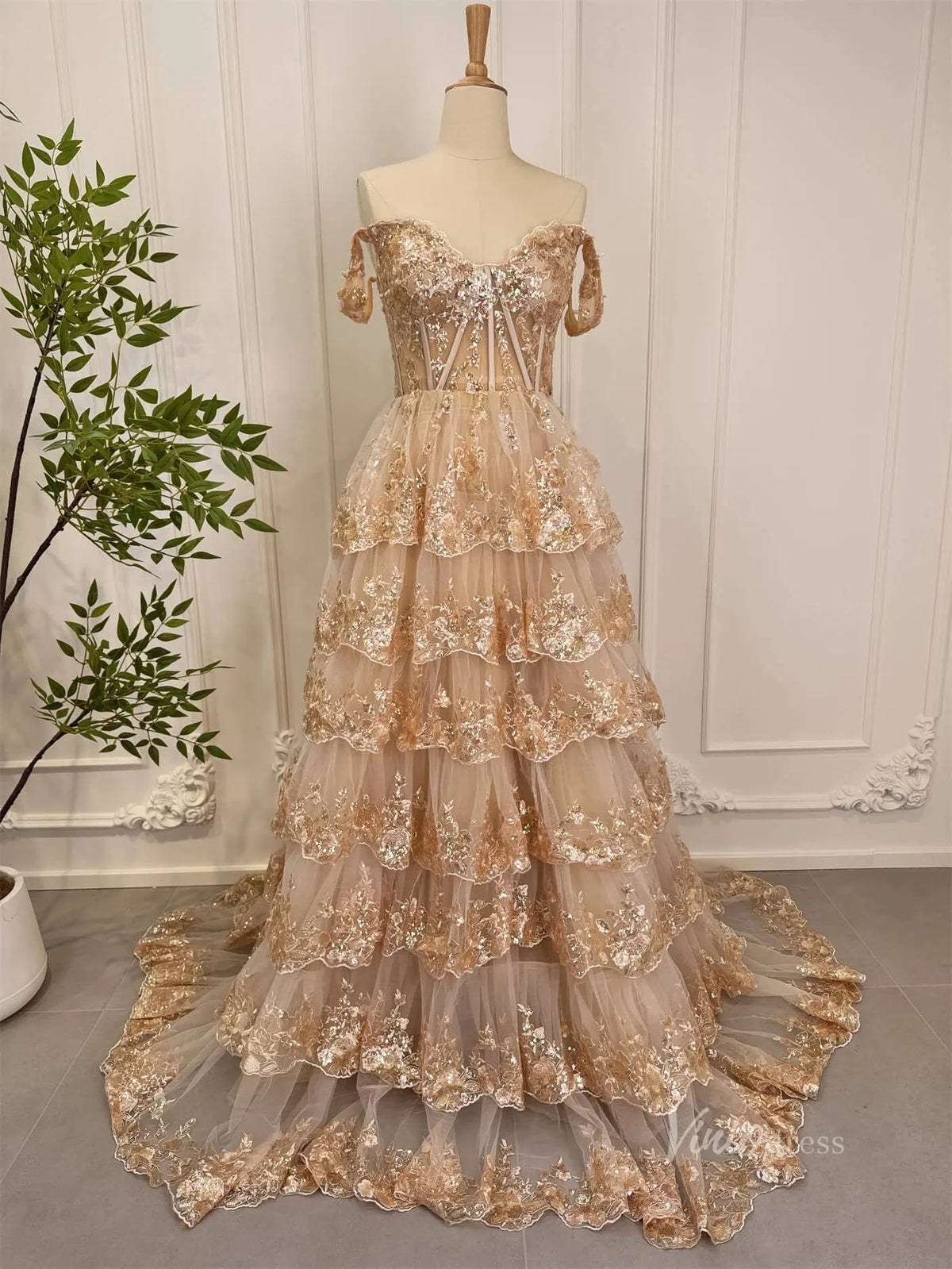 Elegant Gold Ruffle Sparkly Prom Dresses Off the Shoulder Evening Gown 80010