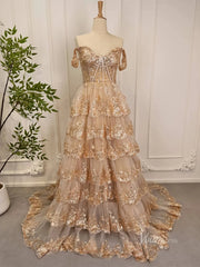 Elegant Gold Ruffle Sparkly Prom Dresses Off the Shoulder Evening Gown 80010