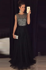 Elegant Gray A-Line Prom Dress Sequined Tulle Evening Gown