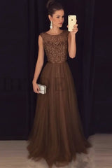 Elegant Gray A-Line Prom Dress Sequined Tulle Evening Gown