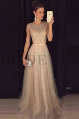 Elegant Gray A-Line Prom Dress Sequined Tulle Evening Gown