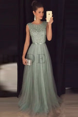 Elegant Gray A-Line Prom Dress Sequined Tulle Evening Gown
