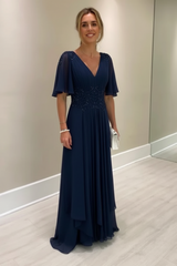 Elegant Half Sleeves V-neck Aline Wedding Guest Dress Chiffon Mother of the Bride Dress