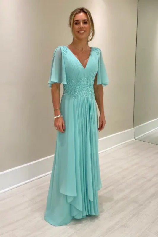 Elegant Half Sleeves V-neck Aline Wedding Guest Dress Chiffon Mother of the Bride Dress