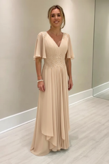 Elegant Half Sleeves V-neck Aline Wedding Guest Dress Chiffon Mother of the Bride Dress