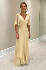 Elegant Half Sleeves V-neck Aline Wedding Guest Dress Chiffon Mother of the Bride Dress