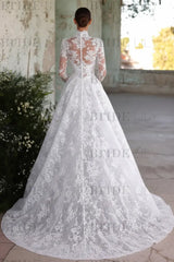 Elegant High Neck Long Sleeves  A-Line Appliques Lace Wedding Dress