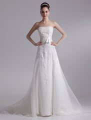 Elegant Ivory A-Line Strapless Rhinestone Tulle Bridal Wedding Dress