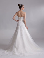 Elegant Ivory A-Line Strapless Rhinestone Tulle Bridal Wedding Dress