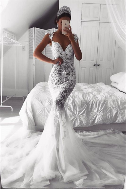 Elegant Lace Appliques Cap Sleeves Mermaid Wedding Dress With Zipper Button Back