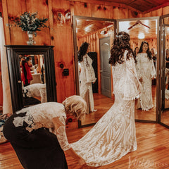 Elegant Lace Long Batwing Sleeve Boho Wedding Dresses with Slit Sheath Tassel Bridal Gown VW2216