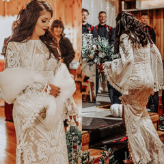 Elegant Lace Long Batwing Sleeve Boho Wedding Dresses with Slit Sheath Tassel Bridal Gown VW2216