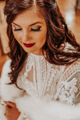 Elegant Lace Long Batwing Sleeve Boho Wedding Dresses with Slit Sheath Tassel Bridal Gown VW2216