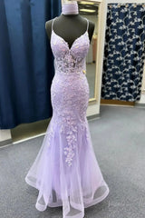 Elegant Lace Mermaid Prom Dresses 2025 with Spaghetti Strap & V-Neck – FD5073