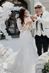 Elegant Lace Mermaid Wedding Dress With Open Back & Sleeves
