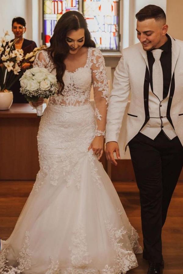 Elegant Lace Mermaid Wedding Dress With Open Back & Sleeves