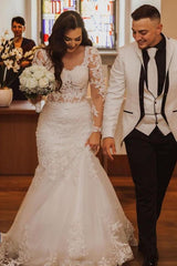 Elegant Lace Mermaid Wedding Dress With Open Back & Sleeves