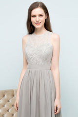 Elegant Lace Sleeveless Silver Bridesmaid Dress Ruffles Chiffon Formal Dress