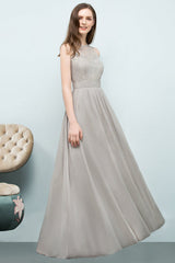Elegant Lace Sleeveless Silver Bridesmaid Dress Ruffles Chiffon Formal Dress