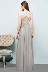 Elegant Lace Sleeveless Silver Bridesmaid Dress Ruffles Chiffon Formal Dress