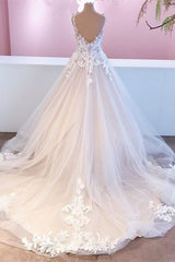 Elegante lange A-lijn Appliques Lace Tule Sweetheart Backless trouwjurk