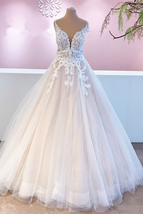 Elegante lange A-lijn Appliques Lace Tule Sweetheart Backless trouwjurk