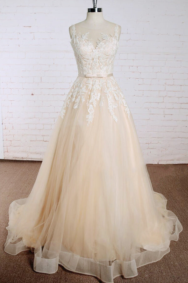 Elegante lange A-lijn Appliques Lace Tule Trouwjurk