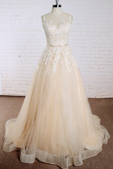 Elegante lange A-lijn Appliques Lace Tule Trouwjurk