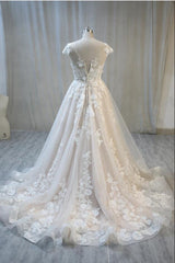 Elegante lange A-Line Bateau Backless Appliques Lace Tule trouwjurk