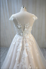 Elegante lange A-Line Bateau Backless Appliques Lace Tule trouwjurk