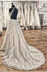Elegante lange A-Line halter Appliques Appliques kant tule ruches trein trouwjurk