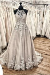 Elegante lange A-Line halter Appliques Appliques kant tule ruches trein trouwjurk