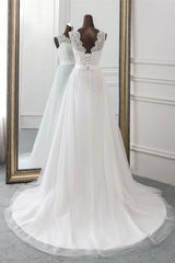 Elegante lange A-Line Jewel Tule Appliques kanten trouwjurk