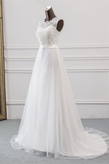 Elegante lange A-Line Jewel Tule Appliques kanten trouwjurk