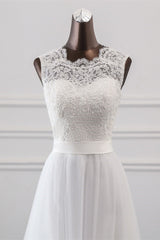 Elegante lange A-Line Jewel Tule Appliques kanten trouwjurk